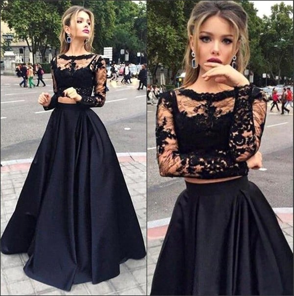 Elegant Two Pieces Prom Dress Black Lace Top Long 2 Piece Prom Dress Prom Dresses Party Dress