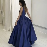 Simple dark blue  V neck long prom dress,blue evening dresses - Thumbnail 1