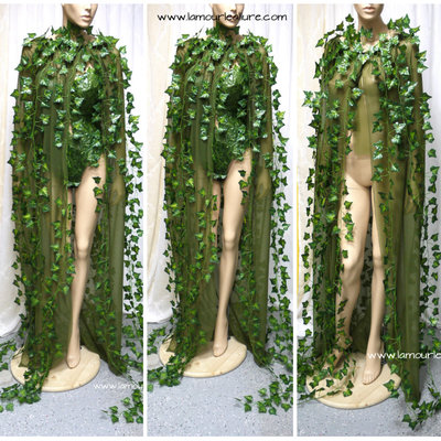 Poison ivy cape costume cosplay dance costume rave bra halloween burlesque show girl