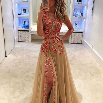 Unique  champagne tulle lace long prom dress,champagne evening dresses - Thumbnail 4