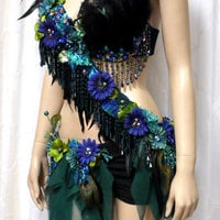 Floral Peacock Fairy Monokini Cosplay Dance Costume Rave Bra Halloween Burlesque Show Girl - Thumbnail 1