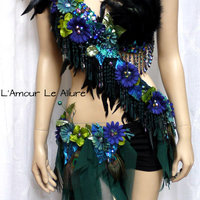 Floral Peacock Fairy Monokini Cosplay Dance Costume Rave Bra Halloween Burlesque Show Girl - Thumbnail 2
