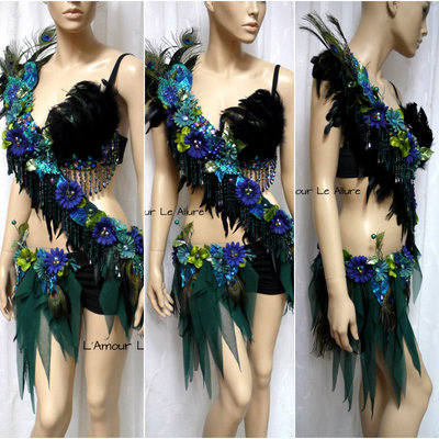 Floral peacock fairy monokini cosplay dance costume rave bra halloween burlesque show girl