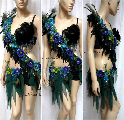 Floral Peacock Fairy Monokini Cosplay Dance Costume Rave Bra Halloween Burlesque Show Girl