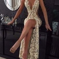Sexy Hot Prom Dress Evening Dress Ivory Deep V-neck Lace High Split Long Prom Dresses Evening Dresses Party Dress