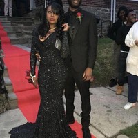 Luxury Bling Sparkle Black Girl Prom Dress Evening Dress Mermaid Deep V-neck Long Sleeves Sequins Lace Prom Dresses Evening Dresses Party Dress - Thumbnail 2