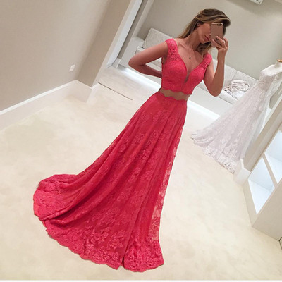 Sexy two pieces prom dress watermelon lace bodice 2 piece prom dresses party dress
