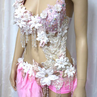 Pearl Pink White Fairy Monokini Cosplay Dance Costume Rave Bra Halloween Burlesque Show Girl - Thumbnail 2