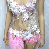 Pearl Pink White Fairy Monokini Cosplay Dance Costume Rave Bra Halloween Burlesque Show Girl - Thumbnail 1