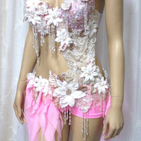 Pearl Pink White Fairy Monokini Cosplay Dance Costume Rave Bra Halloween Burlesque Show Girl - Thumbnail 4