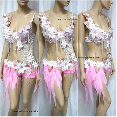 Pearl Pink White Fairy Monokini Cosplay Dance Costume Rave Bra Halloween Burlesque Show Girl