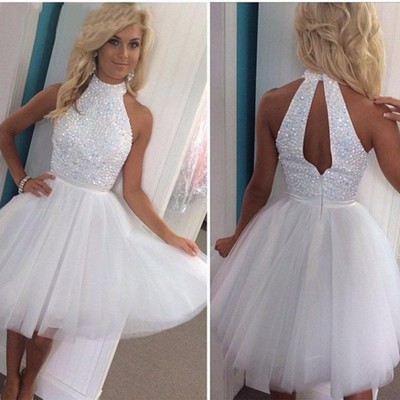Sexy mini short white prom dress a-line high neck beaded bodice open back prom dresses party dress