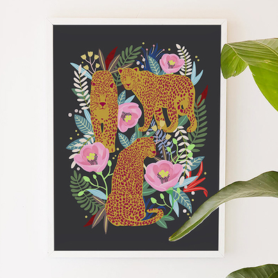 Leopard jungle, animal, jungle, leopard, flower, floral, garden, digital, illustration, art print
