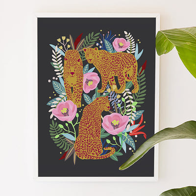 Leopard Jungle, animal, jungle, leopard, flower, floral, garden, digital, illustration, art print