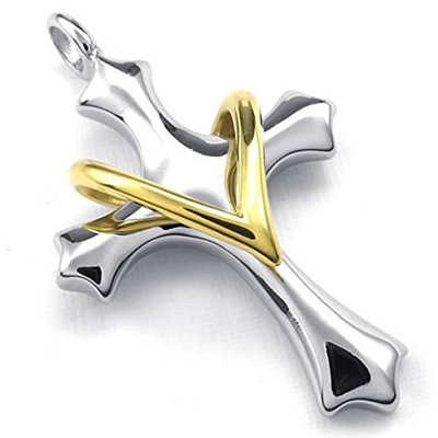 Silver colored cross w/gold heart pendant-stainless steel chain necklace-womens