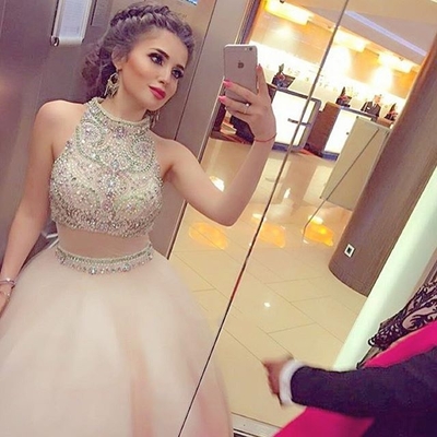 Luxury bling sparkle two pieces prom dress light pink ball gown beaded rhinestones top long 2 piece prom dress party dress
