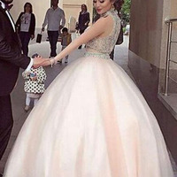 Luxury Bling Sparkle Two Pieces Prom Dress Light Pink Ball Gown Beaded Rhinestones Top Long 2 Piece Prom Dress Party Dress - Thumbnail 1