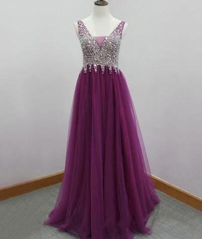 502 Tulle A-Line Prom Dress,Long Evening Dress,Beading Prom Dress ,Charming Prom Dress
