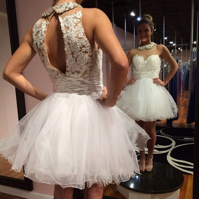 Lace a-line short prom dress,homecoming dress,backless graduation dress f02