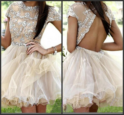 Backless A-Line Short Prom Dress,Homecoming Dress,O-Neck Graduation Dress F09