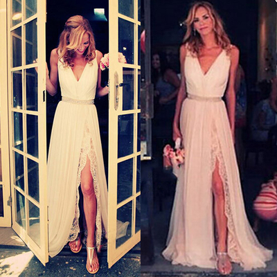 Wd01 charming custom made a-line v neck backless slit wedding dresses ,beach wedding dress,ivory wedding dresses,v-neck lace chiffon wedding dresses