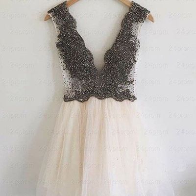 V-neck beading a-line short prom dress,homecoming dress,graduation dress f18
