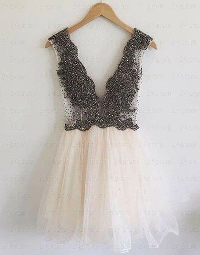 V-Neck Beading A-Line Short Prom Dress,Homecoming Dress,Graduation Dress F18