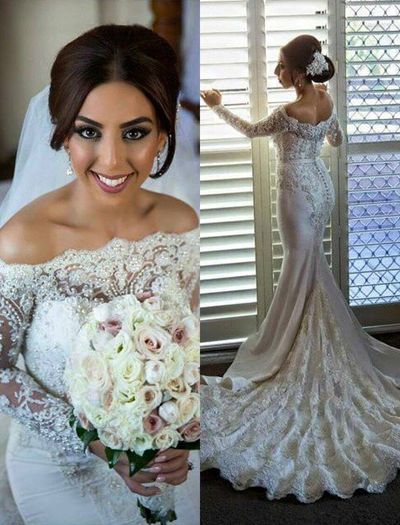 WD15 Mermaid Lace Long Sleeve Wedding Dresses,Long Wedding Dress Custom Made Wedding Gown,