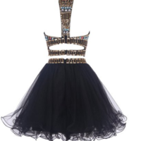 Halter Two Pieces Beading Short Prom Dress,Homecoming Dress,Graduation Dress,Party Dress F30 - Thumbnail 1