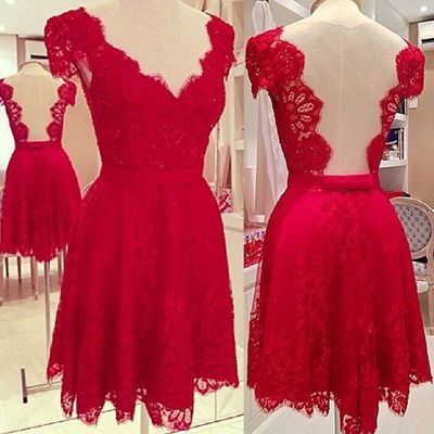 A-line red lace short/mini prom dress,homecoming dress,graduation dress,party dress f44