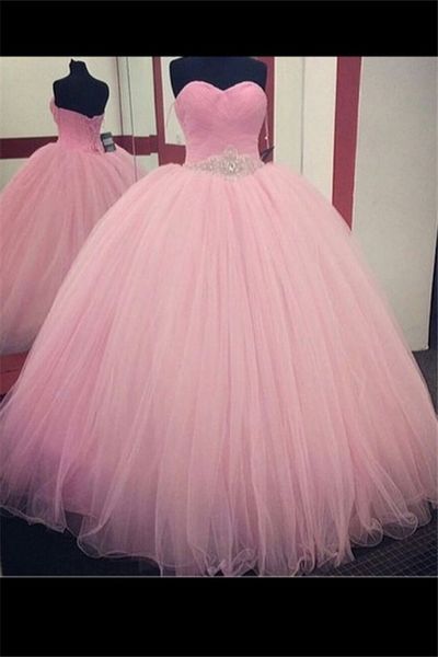 Pink Sweetheart Lace Ball Gown Long Tulle Quinceanera Dress/Prom Gown/Prom Dress BG09