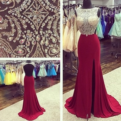 Backless burgundy real made mermaid prom dresses,evening gowns,evening dress,bg25