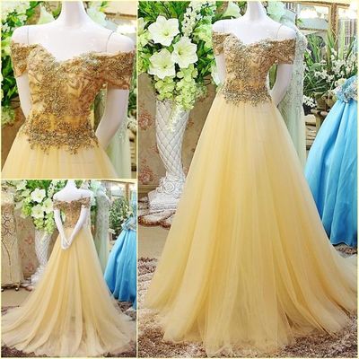 Off the shoulder gold long prom dress,colorized evening dress ,ball gown prom dresses,bg62