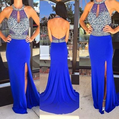 Halter Royal Blue Beading Long Prom Dress,Evening Dress ,Backless Prom Dresses,BG65