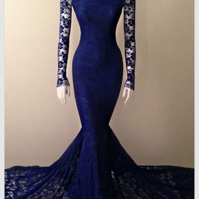 Mermaid lace dark navy long prom dress,evening dress ,charming prom dresses,bg69