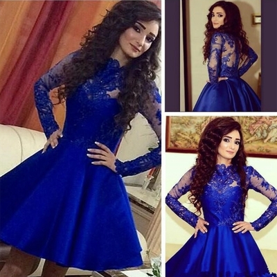 Royal blue long sleeve short prom dresses,cocktail dress,homecoming dress,graduation dress,party dress f84