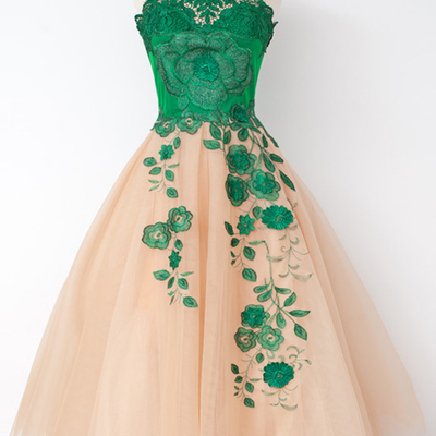 Champagne homecoming dress with green embroidery,short prom dresses,cocktail dress,homecoming dress,graduation dress,party dress f93