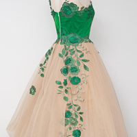 Champagne Homecoming Dress with Green Embroidery,Short Prom Dresses,Cocktail Dress,Homecoming Dress,Graduation Dress,Party Dress F93 - Thumbnail 1