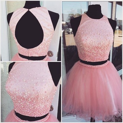 Two pieces pink a-line homecoming dress,short prom dresses,cocktail dress,homecoming dress,graduation dress,party dress f110