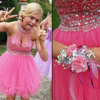 Halter pink beading homecoming dress,short prom dresses,cocktail dress,homecoming dress,graduation dress,party dress,short homecoming dress f145