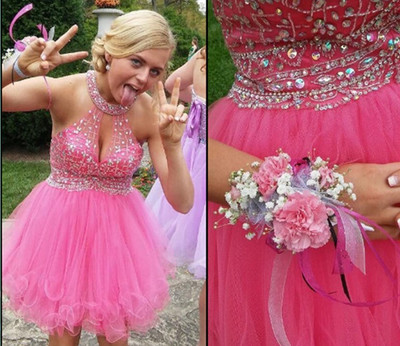 Halter Pink Beading Homecoming Dress,Short Prom Dresses,Cocktail Dress,Homecoming Dress,Graduation Dress,Party Dress,Short Homecoming Dress F145