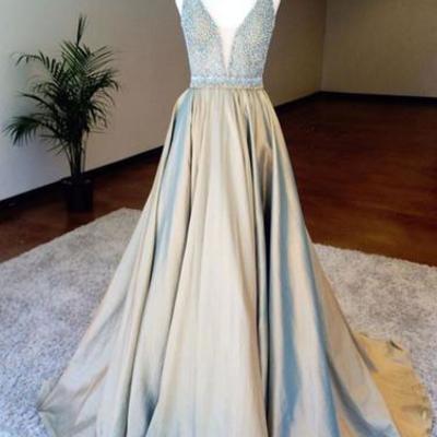 V-neck beading satin long prom dress,evening dress,prom dresses,bg198