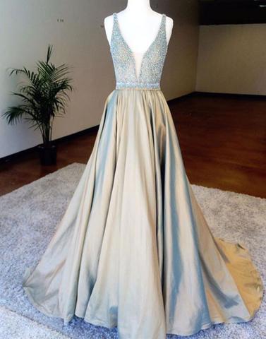 V-Neck Beading Satin Long Prom Dress,Evening Dress,Prom Dresses,BG198