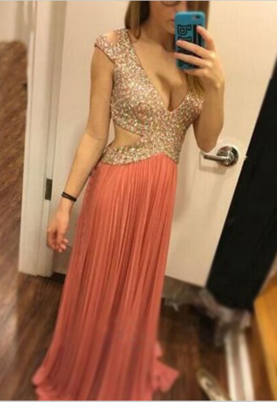 Sexy V-Neck Beading Long Prom Dress,Evening Dress,Prom Dresses,BG203