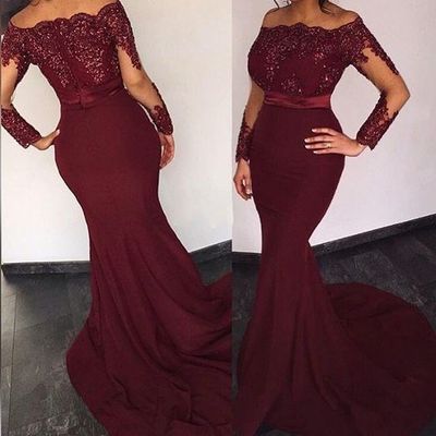 Burgundy Long Sleeve Beading Long Prom Dress,Evening Dress,Prom Dresses,BG204