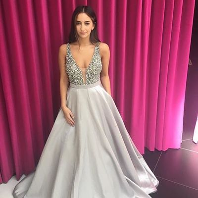 V-neck satin long prom dress,prom dress,evening dress,prom dresses,bg231