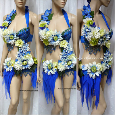 Green and Blue Spring Fairy Monokini Cosplay Dance Costume Rave Bra Halloween Burlesque Show Girl