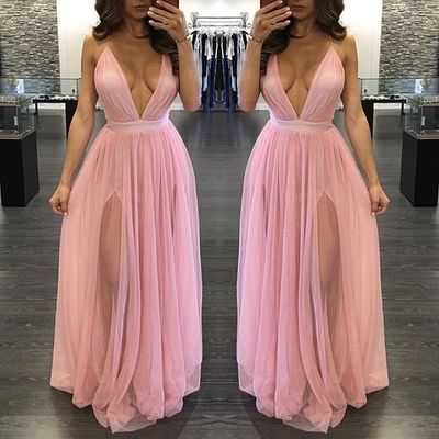 Pink v neck long prom dress,pink evening dress
