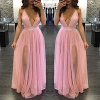 Pink v neck long prom dress,pink evening dress - Thumbnail 1