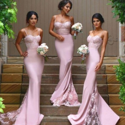 Lace mermaid bridesmaid dresses with spagetti straps
